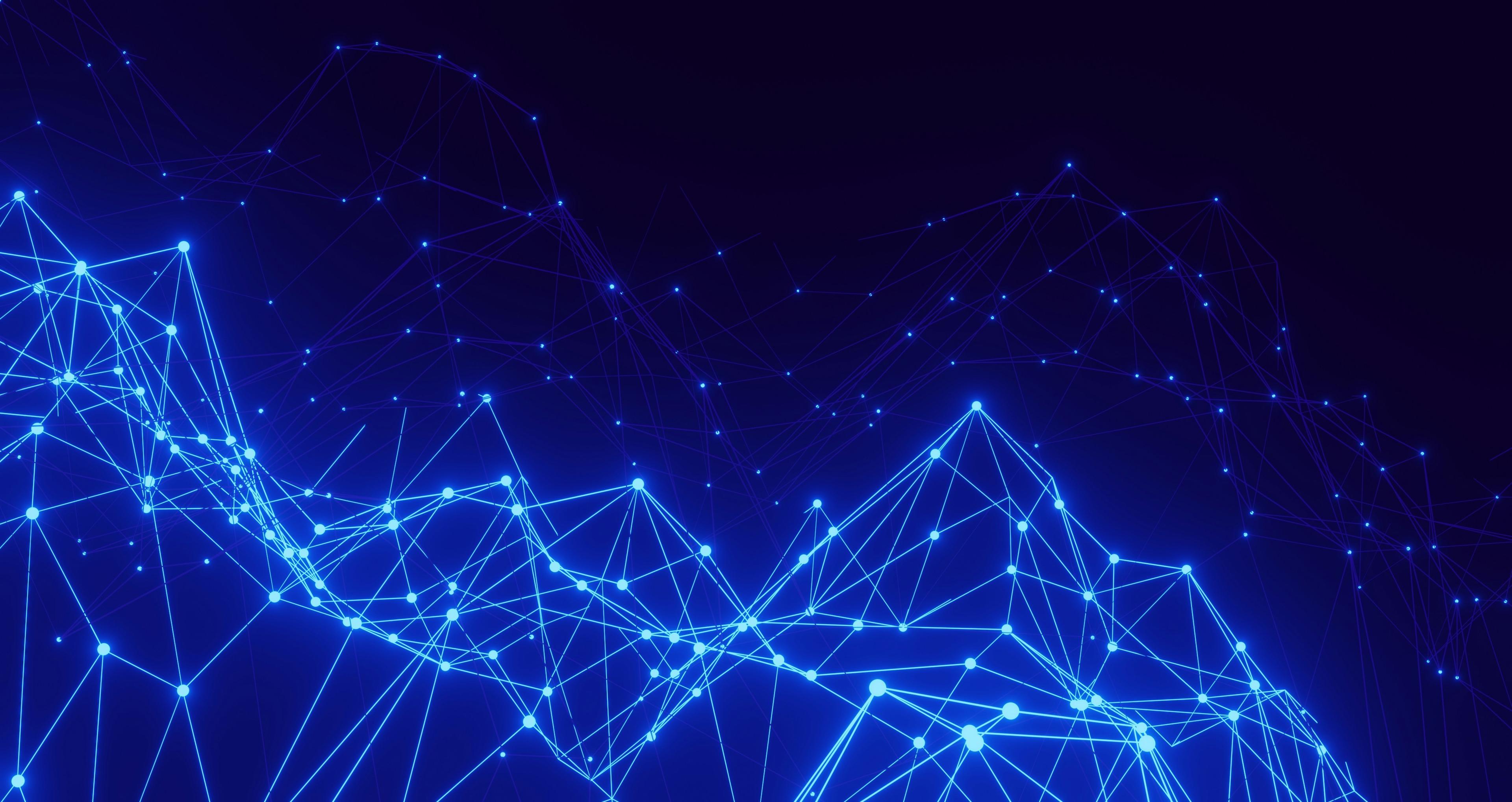 Abstract glowing blue network of connected nodes and lines against a dark background.